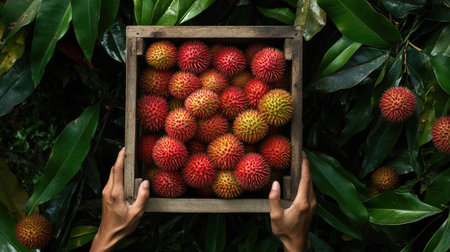 A vibrant scene showcasing fresh rambutan fruit in a wooden box, captured in a tropical garden setting. The image highlights nature's bounty and rich colors.の素材