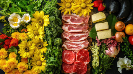 This vibrant arrangement showcases traditional Japanese hotpot ingredients, including fresh vegetables, meats, and flowers, ideal for culinary presentations.の素材