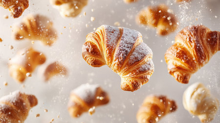 A captivating scene featuring a variety of sweet pastries, including croissants, as they appear to fall gracefully from above, creating a whimsical and delicious atmosphere.の素材