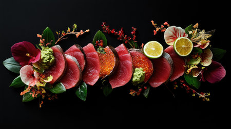 Discover an elegant tuna sashimi arrangement featuring fresh slices, garnished with vibrant ingredients, perfect for upscale dining and culinary presentations.の素材