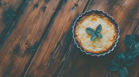 A beautifully styled top view of lasagna Bolognese on a rustic wooden table, ready to be enjoyed as a satisfying meal. The rich layers of ingredients are complemented by ample copy space for your text.の素材
