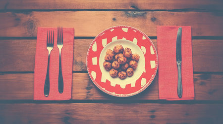 A beautifully arranged plate of arancini balls with crispy golden crusts, sitting on a textured wooden surface. Ample copy space to the side invites you to add your text or branding.の素材