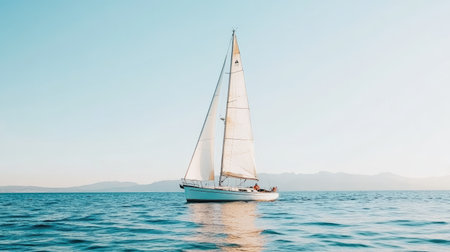 A picturesque sailboat on a serene blue lake, flanked by mountain ranges under a clear sky. The water is still, creating a perfect reflection. Great for travel inspiration.の素材
