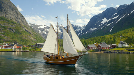 A single sailboat floating on a still, blue lake, with majestic mountains in the background and a soft sky above. Ideal for adventure or tranquility themes.の素材