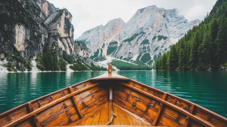 A solitary boat anchored on the edge of a mountain lake, with towering pine trees and rocky mountains in the distance. The still water reflects the natural beauty around it.の素材