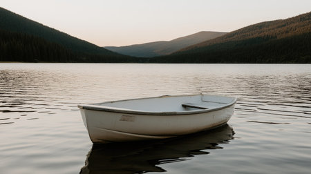 A rowboat floats quietly on a deep blue mountain lake, with high mountain peaks and a bright sky reflecting in the water. Ideal for nature and travel stock photosの素材