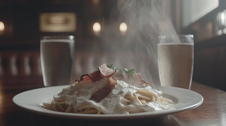 A tempting plate of spaghetti carbonara with creamy sauce and fresh parsley, shot in close detail to highlight the perfectly cooked pasta and savory flavors.の素材