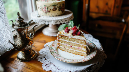 A slice of Medovik, Russian honey cake, elegantly served on a white plate, garnished with fresh berries. The layers of cream and honey create a visually appealing and delicious dessert option for diners.の素材