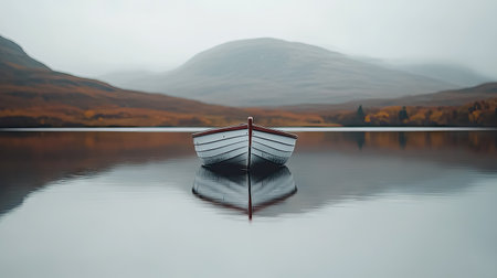 A wooden rowboat on a serene mountain lake, with majestic mountains rising in the background. The calm water reflects the surrounding peaks and creates a peaceful mood.の素材