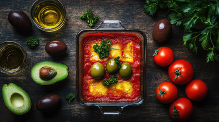 A vibrant black baking dish filled with healthy chicken and bean gluten-free lasagna, topped with pitted olives, ripe avocado, fresh tomatoes, and coriander. Set on a dark wood table, perfect for showcasing healthy meals. --chaos 70の素材