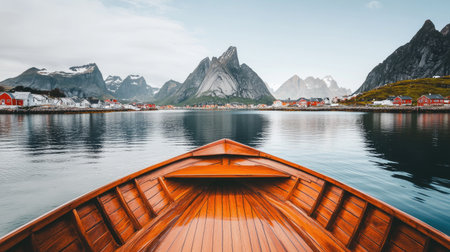 A wooden boat on a calm mountain lake, framed by rugged mountain cliffs and a clear blue sky. The water is still, reflecting the landscape perfectly.の素材