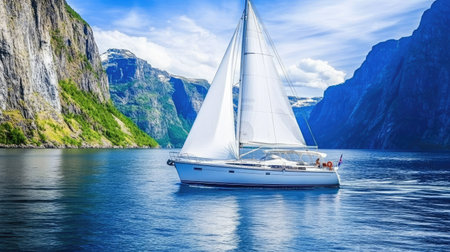 A white sailboat on a peaceful mountain lake, surrounded by towering green mountains, reflecting on the glassy water, ideal for travel promotions.の素材