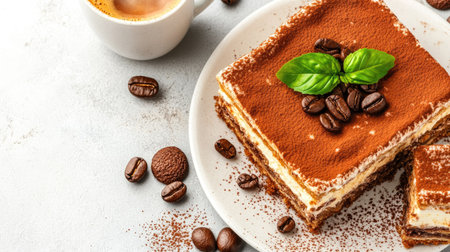 A top view of a sumptuous tiramisu layered dessert with mascarpone cream and cookies on a white plate.の素材