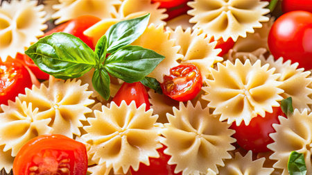 Top view of a flavorful pasta dish adorned with ripe tomatoes and fresh basil, elegantly plated to showcase the vibrant colors and textures. The rustic backdrop enhances the Italian culinary charmの素材