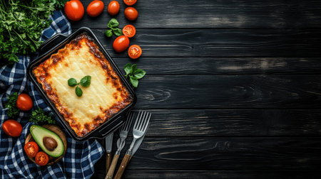 An inviting shot of gluten-free lasagna featuring chicken and beans, garnished with pitted olives, avocado slices, fresh tomatoes, and coriander. Displayed in a black baking dish on a dark wood table, ideal for healthy recipes. --chaos 70の素材