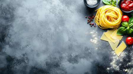 Flat lay of delicious pasta with vibrant tomato sauce, fresh basil, and a sprinkle of cheese on a gray textured table, offering a cozy dining atmosphere.の素材