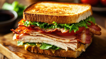 A close-up of a classic club sandwich with layers of turkey, bacon, lettuce, and tomato on toasted bread.の素材