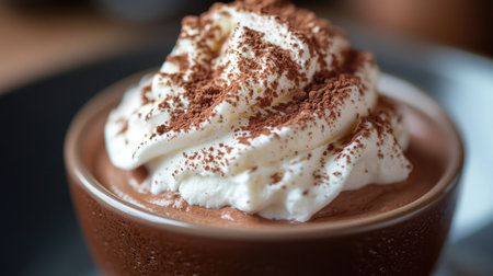 A close-up of a decadent chocolate mousse topped with whipped cream and a sprinkle of cocoa powder.の素材