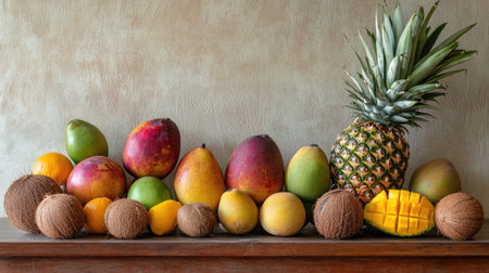 A collection of tropical fruits, including pineapples, mangoes, and coconuts, arranged on a wooden table.の素材