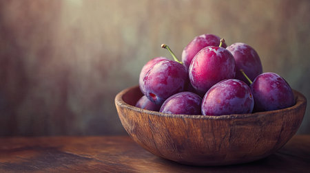 A collection of ripe, juicy plums arranged in a rustic wooden bowl, with a soft-focus background.の素材