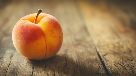 A close-up of a ripe, juicy peach with a soft, velvety skin, placed on a rustic wooden table. --の素材