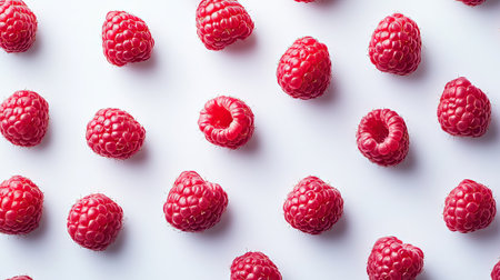 A close-up of fresh raspberries arranged in a geometric pattern on a white surfaceの素材