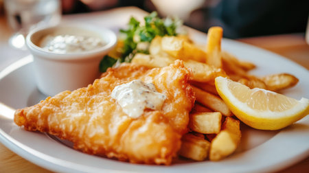 A close-up of a plate of crispy fish and chips served with tartar sauce and a lemon wedgeの素材