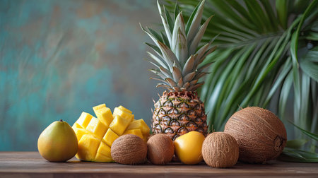 A collection of tropical fruits, including pineapples, mangoes, and coconuts, arranged on a wooden table.の素材