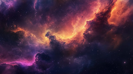 A cosmic abstract background with swirling clouds of gas and dust in deep space, glowing with vibrant colors.の素材