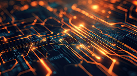 A digital abstract background with a circuit board pattern, featuring glowing lines and nodes.の素材