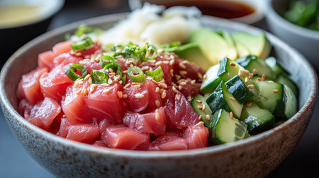 A delicious bowl of poke with fresh tuna, avocado, and cucumber, served with soy sauce and sesame seeds.の素材