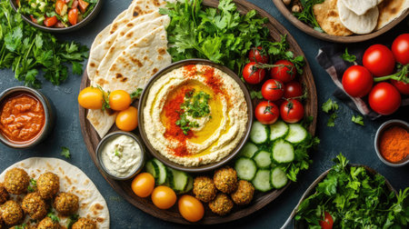 A fresh Mediterranean platter with hummus, falafel, pita bread, and a variety of vegetables.の素材