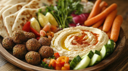 A fresh Mediterranean platter with hummus, falafel, pita bread, and a variety of vegetables.の素材