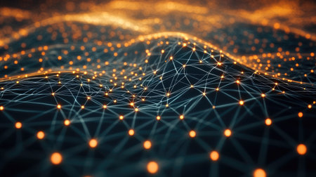 A futuristic abstract background with interconnected glowing lines and nodes in a digital network pattern.の素材