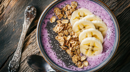A healthy smoothie bowl topped with granola, banana slices, and chia seeds, presented on a wooden table.の素材