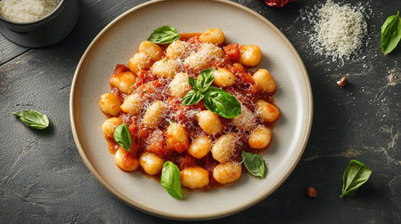 A plate of homemade gnocchi with a rich tomato sauce and fresh basil, garnished with Parmesan cheese.の素材