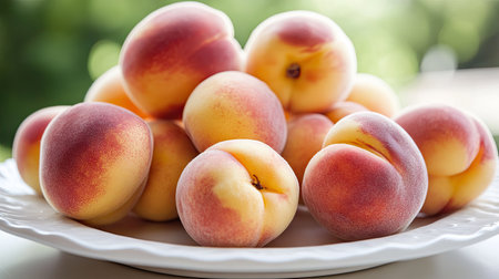 A pile of fresh peaches with their soft, velvety skin, arranged on a white plate.の素材
