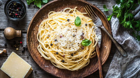 A plate of freshly made spaghetti carbonara with Parmesan cheese and black pepper on a rustic table.の素材