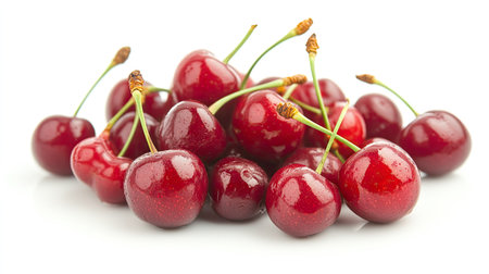 A pile of fresh cherries with their stems still attached, arranged on a white background.の素材