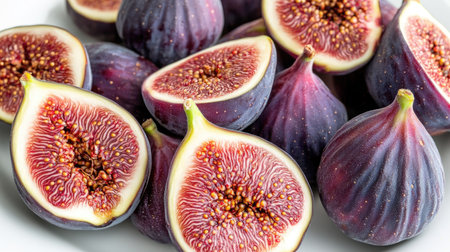 A pile of fresh figs, some cut in half to show the rich, purple interior, arranged on a white plate. -の素材