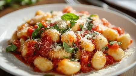 A plate of homemade gnocchi with a rich tomato sauce and fresh basil, garnished with Parmesan cheese.の素材