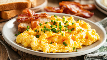 A plate of fluffy scrambled eggs garnished with chives, served with toast and a side of bacon.の素材