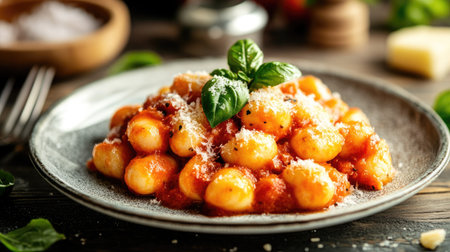 A plate of homemade gnocchi with a rich tomato sauce and fresh basil, garnished with Parmesan cheese.の素材