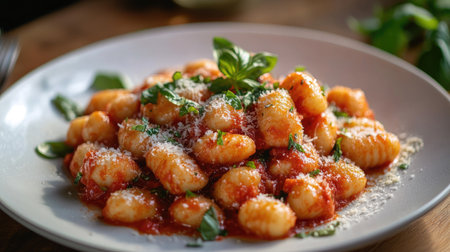 A plate of homemade gnocchi with a rich tomato sauce and fresh basil, garnished with Parmesan cheese.の素材