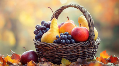 A rustic basket filled with autumn fruits, including apples, pears, and grapes, with a soft-focus background.の素材