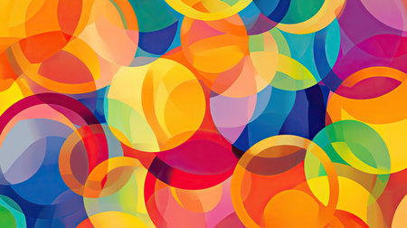 A vibrant, abstract background with overlapping circles in bright, contrasting colors.の素材