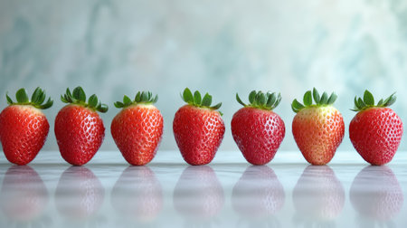 A row of freshly washed strawberries placed on a marble surface, with a blurred background.の素材