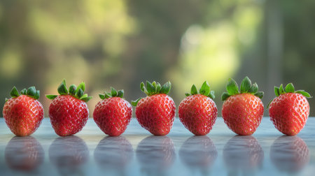 A row of freshly washed strawberries placed on a marble surface, with a blurred background.の素材