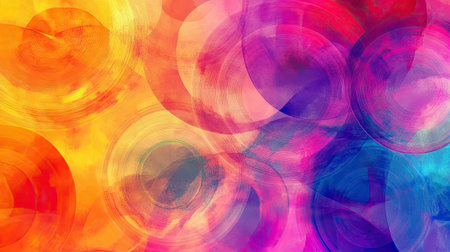 A vibrant, abstract background with overlapping circles in bright, contrasting colors.の素材