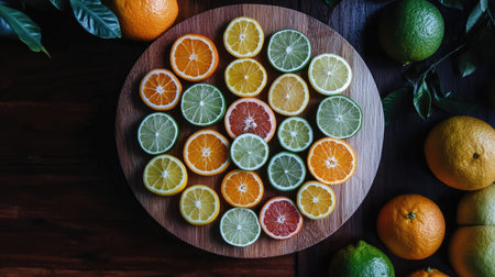 A collection of sliced citrus fruits, including oranges, lemons, and limes, arranged in a circular pattern on a wooden board.の素材
